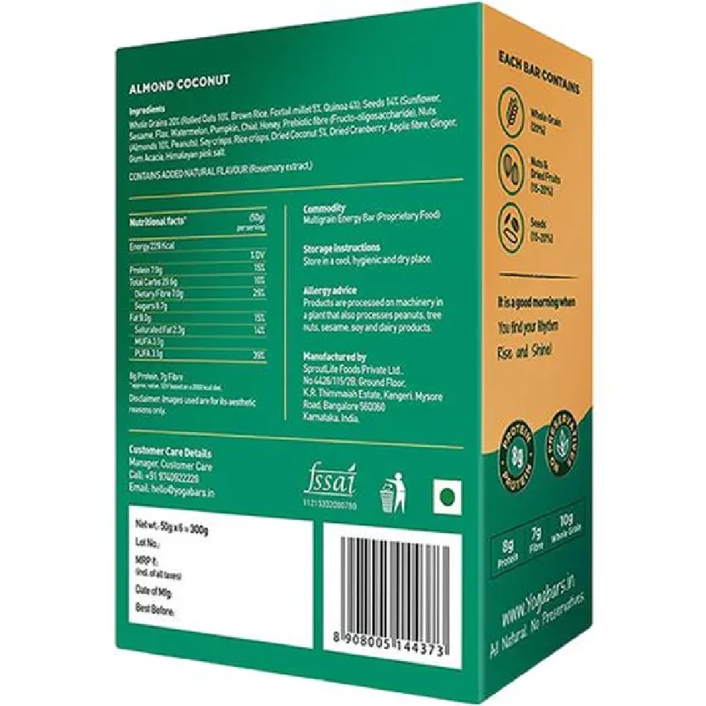 Yoga Bar Breakfast Protein Variety Bar - Almond Coconut, 50 g Pack of 6-2.webp